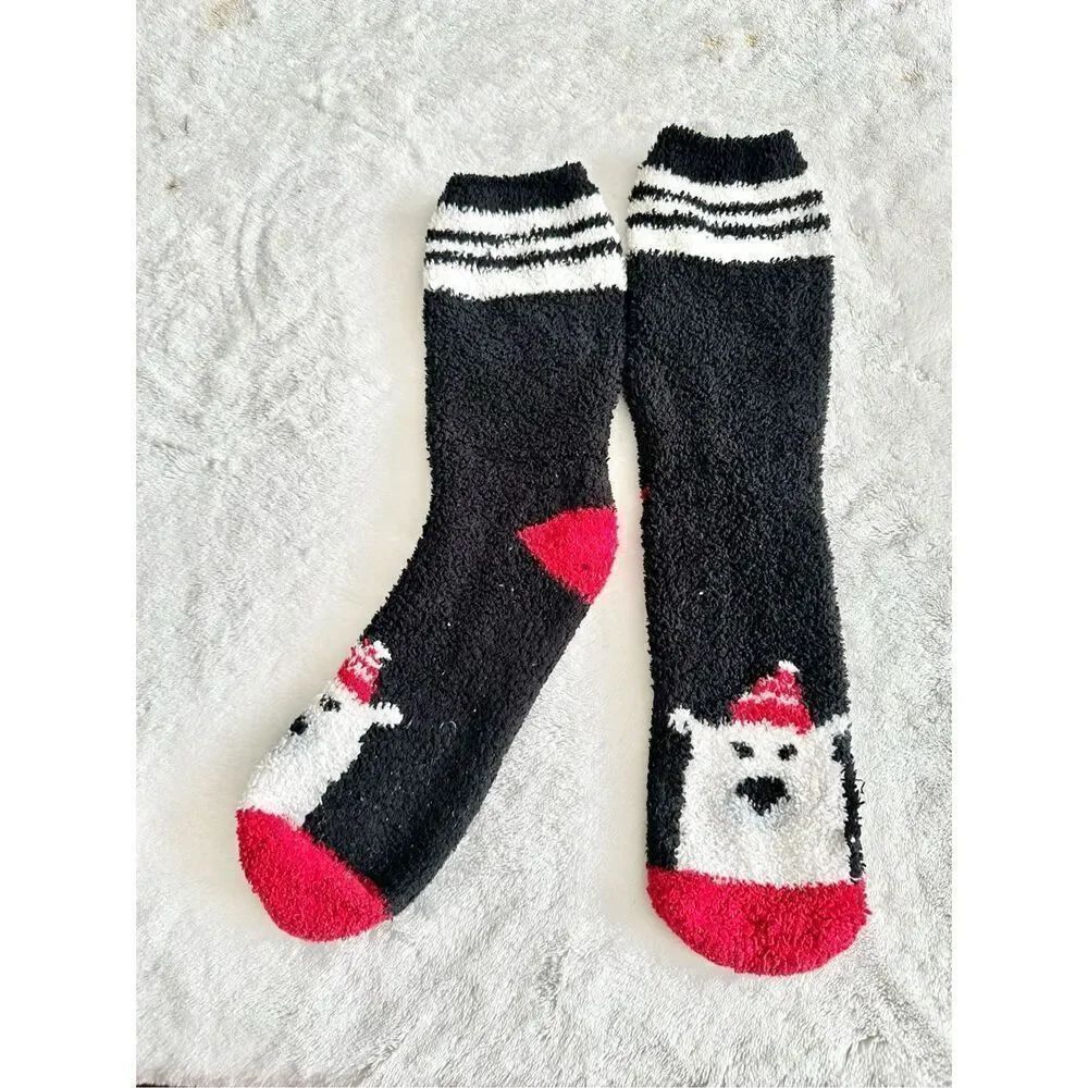 Christmas, polar bear, black, white and red fuzzy socks